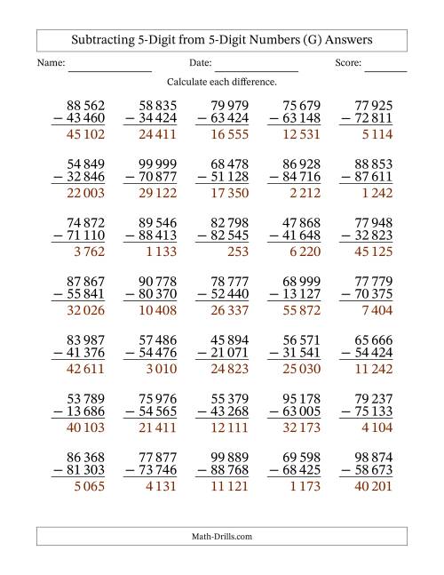 The Subtracting 5-Digit from 5-Digit Numbers With No Regrouping (35 Questions) (Space Separated Thousands) (G) Math Worksheet Page 2