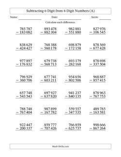 Subtracting 6-Digit from 6-Digit Numbers With No Regrouping (28 Questions) (Space Separated Thousands)