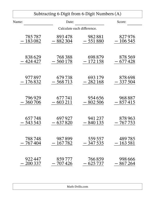 The Subtracting 6-Digit from 6-Digit Numbers With No Regrouping (28 Questions) (Space Separated Thousands) (A) Math Worksheet