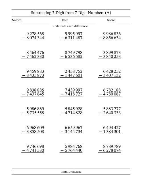 The Subtracting 7-Digit from 7-Digit Numbers With No Regrouping (21 Questions) (Space Separated Thousands) (A) Math Worksheet