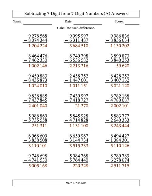 The Subtracting 7-Digit from 7-Digit Numbers With No Regrouping (21 Questions) (Space Separated Thousands) (A) Math Worksheet Page 2