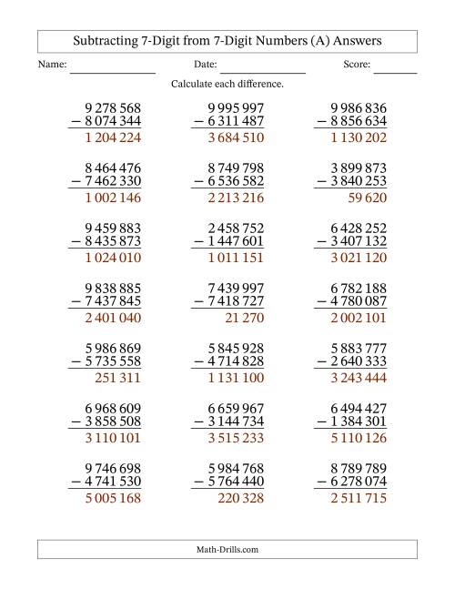 7-Digit Minus 7-Digit Subtraction with NO Regrouping with Space ...