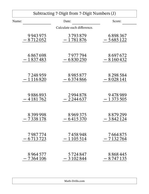 The Subtracting 7-Digit from 7-Digit Numbers With No Regrouping (21 Questions) (Space Separated Thousands) (J) Math Worksheet