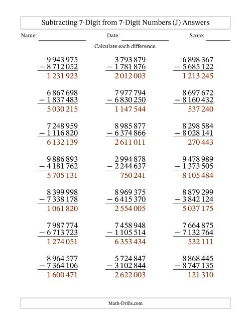 The Subtracting 7-Digit from 7-Digit Numbers With No Regrouping (21 Questions) (Space Separated Thousands) (J) Math Worksheet Page 2