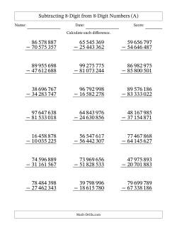 Subtracting 8-Digit from 8-Digit Numbers With No Regrouping (21 Questions) (Space Separated Thousands)