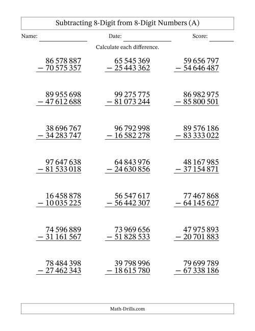 The Subtracting 8-Digit from 8-Digit Numbers With No Regrouping (21 Questions) (Space Separated Thousands) (A) Math Worksheet