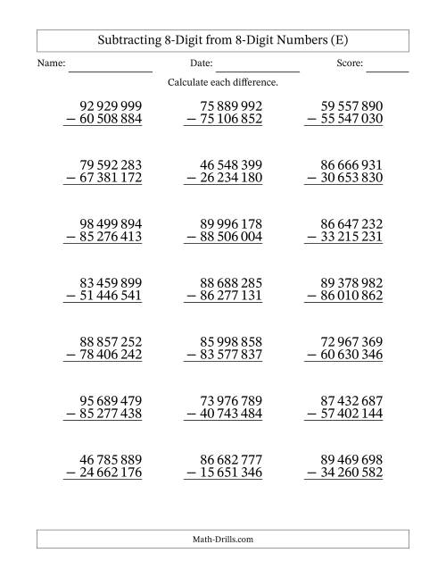 The Subtracting 8-Digit from 8-Digit Numbers With No Regrouping (21 Questions) (Space Separated Thousands) (E) Math Worksheet