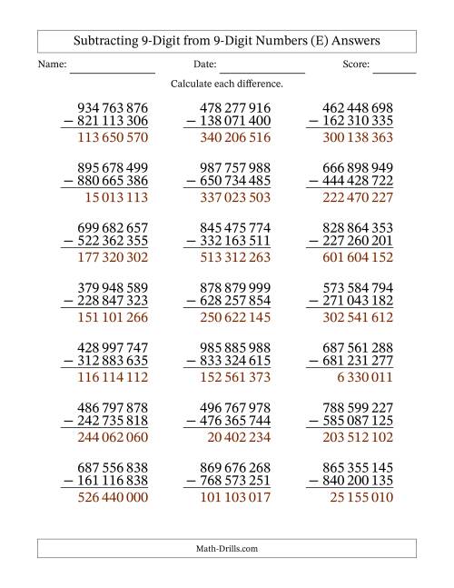 The Subtracting 9-Digit from 9-Digit Numbers With No Regrouping (21 Questions) (Space Separated Thousands) (E) Math Worksheet Page 2