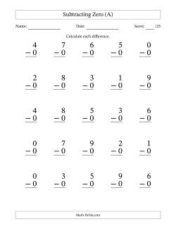 Subtracting Zero With Differences from 0 to 9 – 25 Large Print Questions