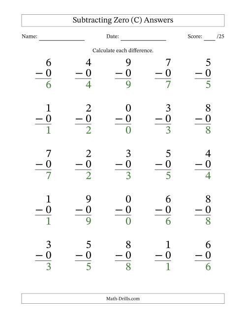The Subtracting Zero With Differences from 0 to 9 – 25 Large Print Questions (C) Math Worksheet Page 2
