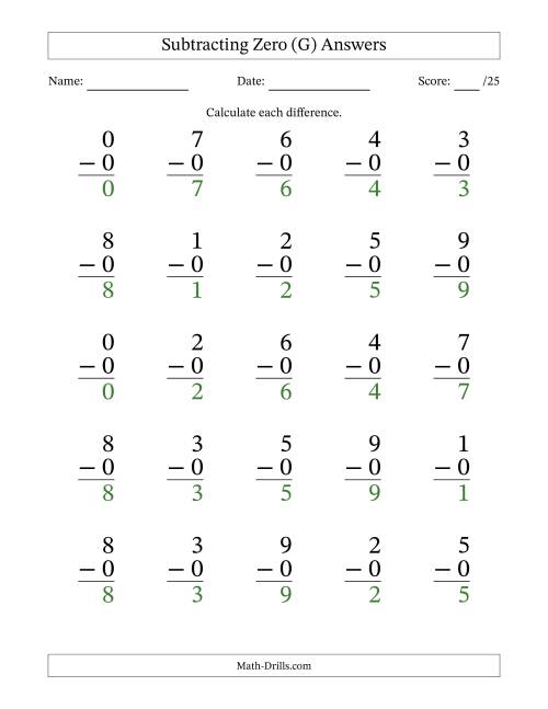 The Subtracting Zero (0) with Differences 0 to 9 (25 Questions) (G) Math Worksheet Page 2