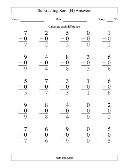 The Subtracting Zero (0) with Differences 0 to 9 (25 Questions) (H) Math Worksheet Page 2