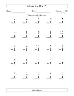 Subtracting One With Differences from 0 to 9 – 25 Large Print Questions