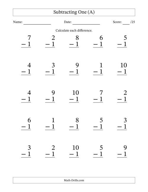 The Subtracting One (1) with Differences 0 to 9 (25 Questions) (A) Math Worksheet
