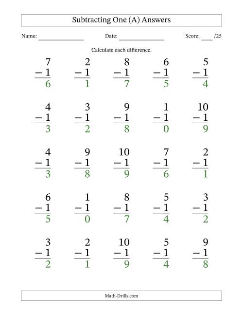 The Subtracting One (1) with Differences 0 to 9 (25 Questions) (A) Math Worksheet Page 2