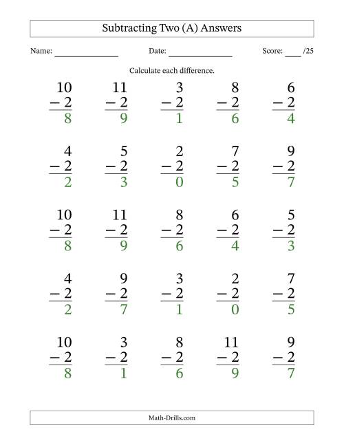 The Subtracting Two (2) with Differences 0 to 9 (25 Questions) (A) Math Worksheet Page 2