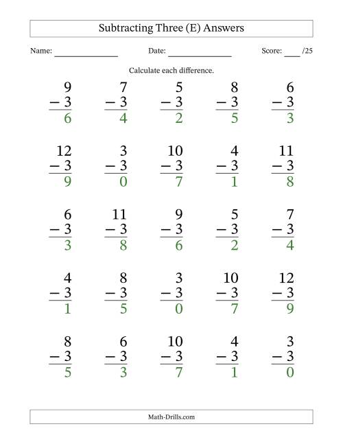 Subtracting Three (3) With Differences 0 To 9 (25 Questions) (E)