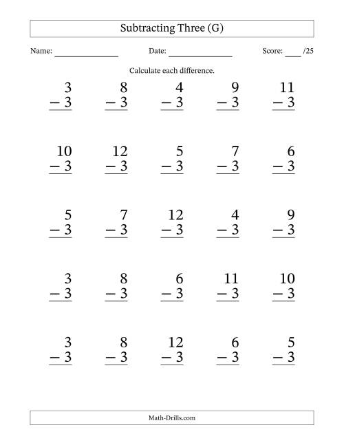 The Subtracting Three With Differences from 0 to 9 – 25 Large Print Questions (G) Math Worksheet