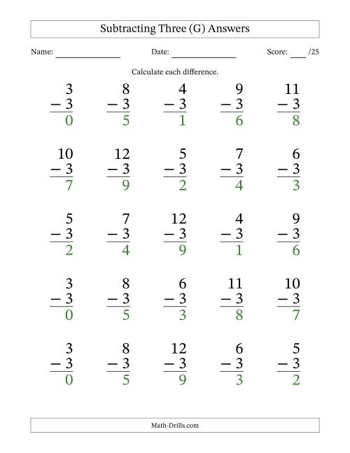 The Subtracting Three With Differences from 0 to 9 – 25 Large Print Questions (G) Math Worksheet Page 2