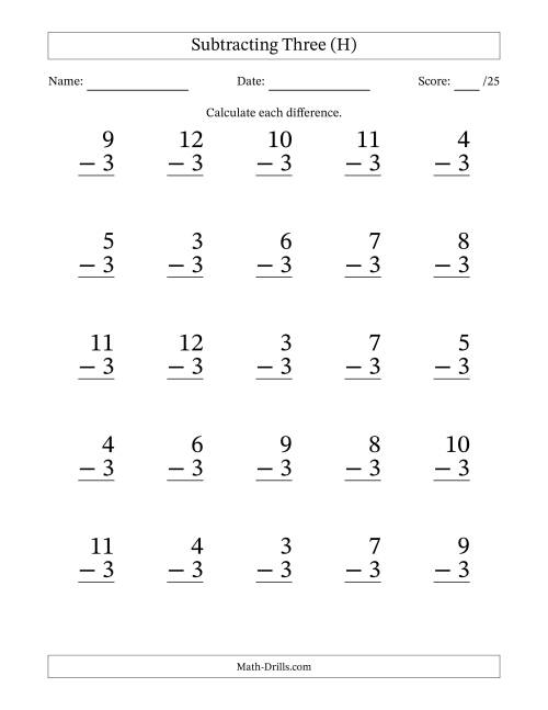 The Subtracting Three With Differences from 0 to 9 – 25 Large Print Questions (H) Math Worksheet