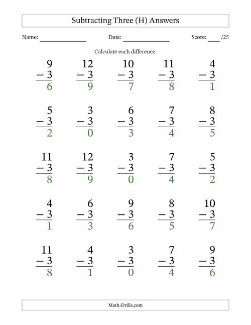 The Subtracting Three With Differences from 0 to 9 – 25 Large Print Questions (H) Math Worksheet Page 2