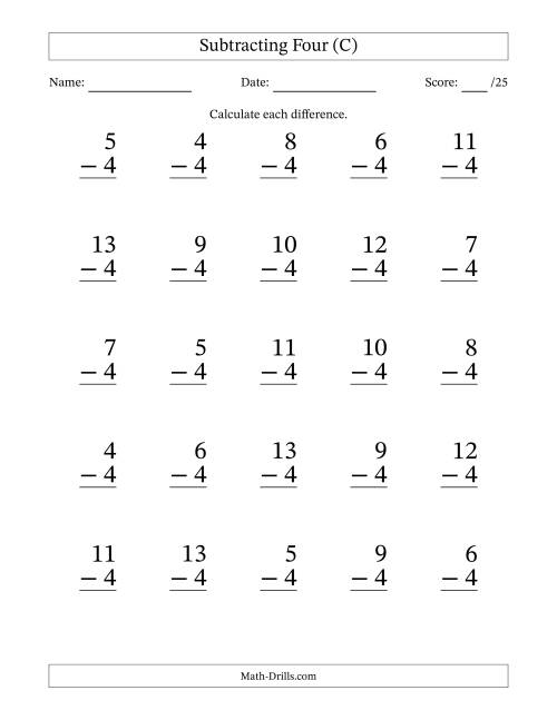 The Subtracting Four With Differences from 0 to 9 – 25 Large Print Questions (C) Math Worksheet