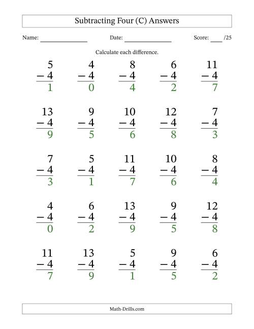 The Subtracting Four With Differences from 0 to 9 – 25 Large Print Questions (C) Math Worksheet Page 2