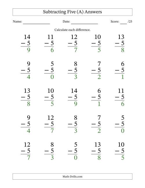 The Subtracting Five (5) with Differences 0 to 9 (25 Questions) (A) Math Worksheet Page 2