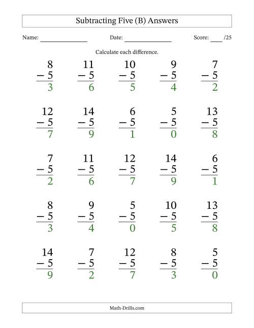 The Subtracting Five (5) with Differences 0 to 9 (25 Questions) (B) Math Worksheet Page 2