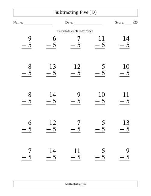 The Subtracting Five (5) with Differences 0 to 9 (25 Questions) (D) Math Worksheet