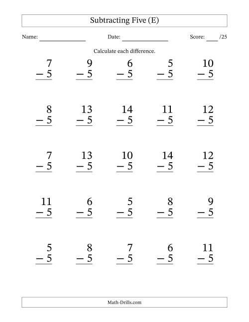 The Subtracting Five (5) with Differences 0 to 9 (25 Questions) (E) Math Worksheet