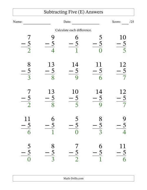 The Subtracting Five (5) with Differences 0 to 9 (25 Questions) (E) Math Worksheet Page 2