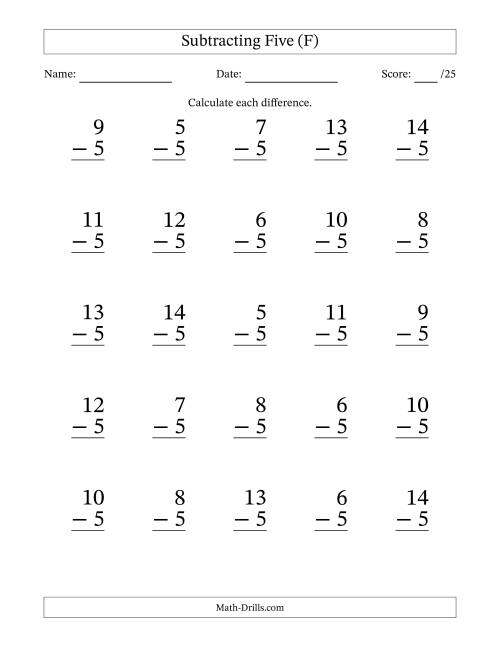 The Subtracting Five (5) with Differences 0 to 9 (25 Questions) (F) Math Worksheet