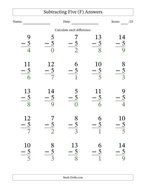 The Subtracting Five (5) with Differences 0 to 9 (25 Questions) (F) Math Worksheet Page 2