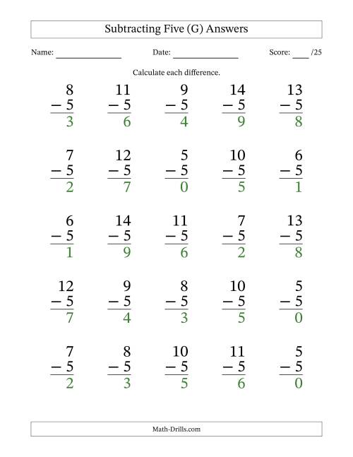 The Subtracting Five (5) with Differences 0 to 9 (25 Questions) (G) Math Worksheet Page 2