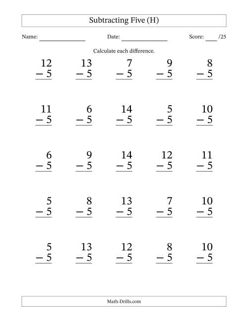 The Subtracting Five (5) with Differences 0 to 9 (25 Questions) (H) Math Worksheet