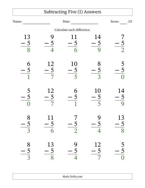 The Subtracting Five (5) with Differences 0 to 9 (25 Questions) (I) Math Worksheet Page 2
