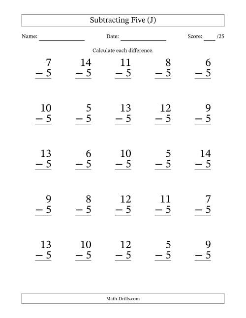 The Subtracting Five (5) with Differences 0 to 9 (25 Questions) (J) Math Worksheet