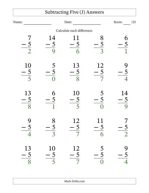 The Subtracting Five (5) with Differences 0 to 9 (25 Questions) (J) Math Worksheet Page 2