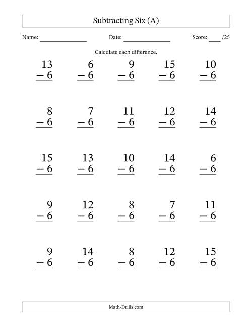 The Subtracting Six (6) with Differences 0 to 9 (25 Questions) (A) Math Worksheet