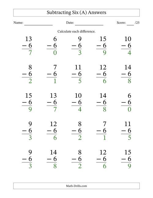 The Subtracting Six (6) with Differences 0 to 9 (25 Questions) (A) Math Worksheet Page 2