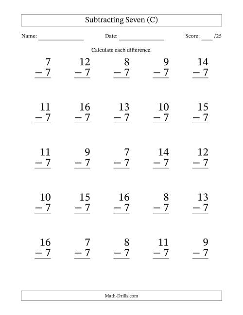 Subtracting Seven (7) with Differences 0 to 9 (25 Questions) (C)