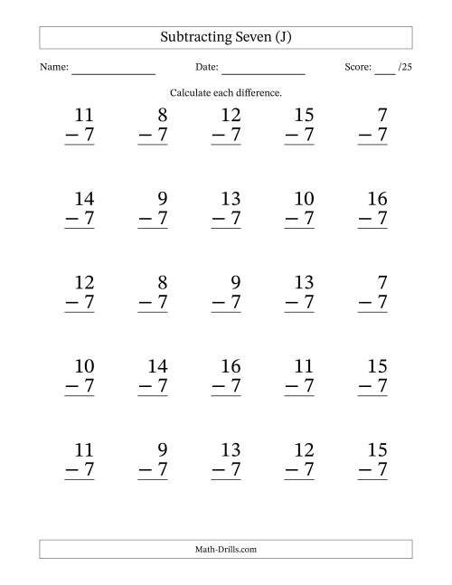 Subtracting Seven (7) with Differences 0 to 9 (25 Questions) (J)