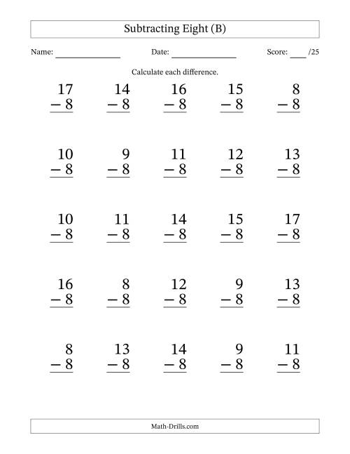 The Subtracting Eight With Differences from 0 to 9 – 25 Large Print Questions (B) Math Worksheet