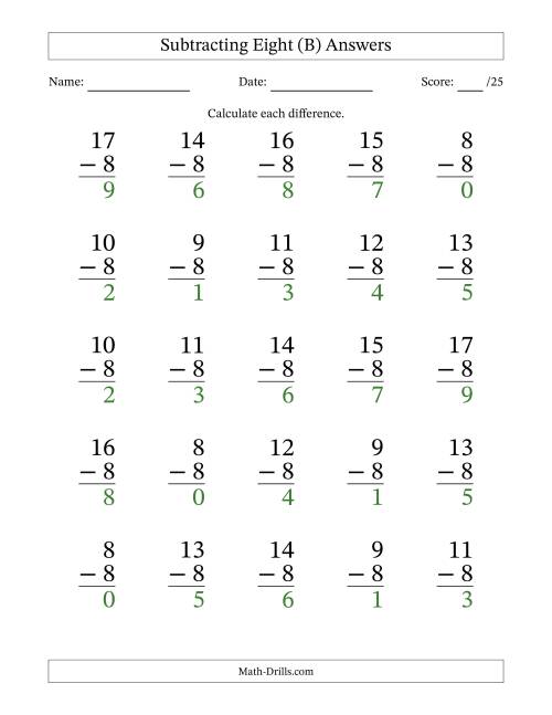 The Subtracting Eight With Differences from 0 to 9 – 25 Large Print Questions (B) Math Worksheet Page 2