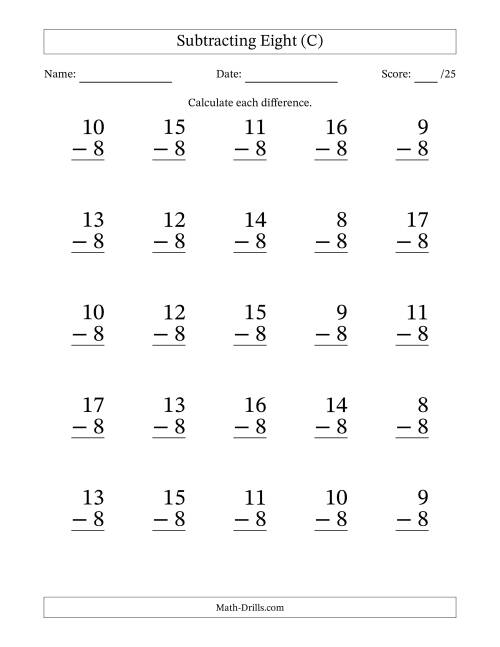 The Subtracting Eight With Differences from 0 to 9 – 25 Large Print Questions (C) Math Worksheet