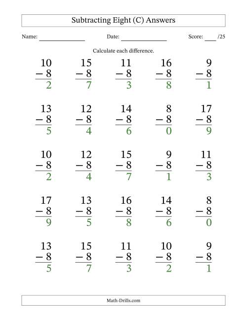 The Subtracting Eight With Differences from 0 to 9 – 25 Large Print Questions (C) Math Worksheet Page 2