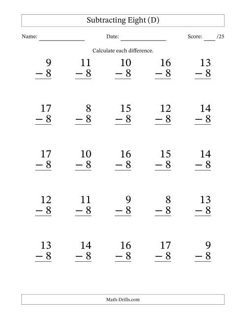 The Subtracting Eight With Differences from 0 to 9 – 25 Large Print Questions (D) Math Worksheet