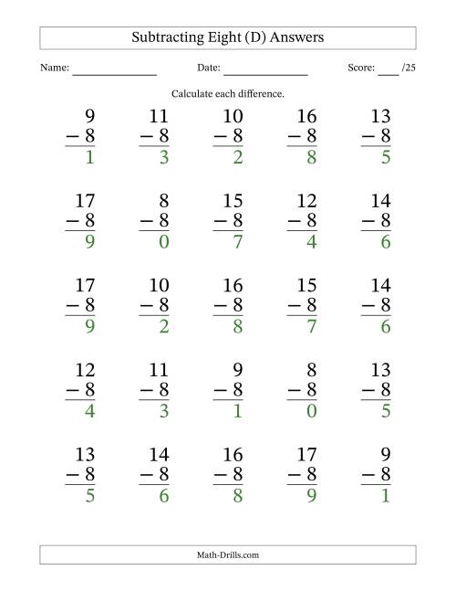 The Subtracting Eight With Differences from 0 to 9 – 25 Large Print Questions (D) Math Worksheet Page 2