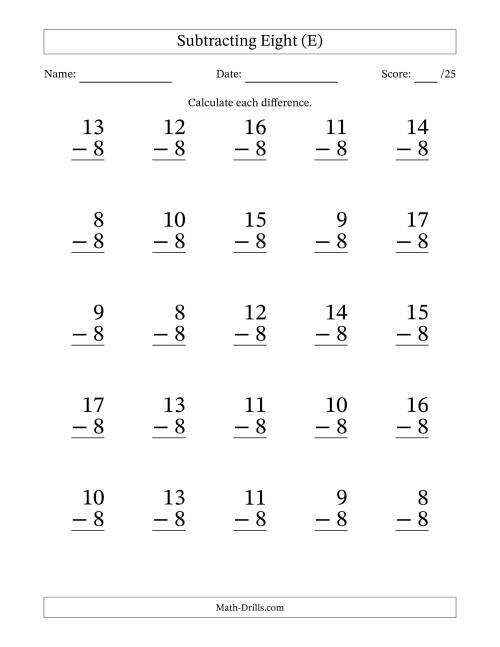 The Subtracting Eight With Differences from 0 to 9 – 25 Large Print Questions (E) Math Worksheet